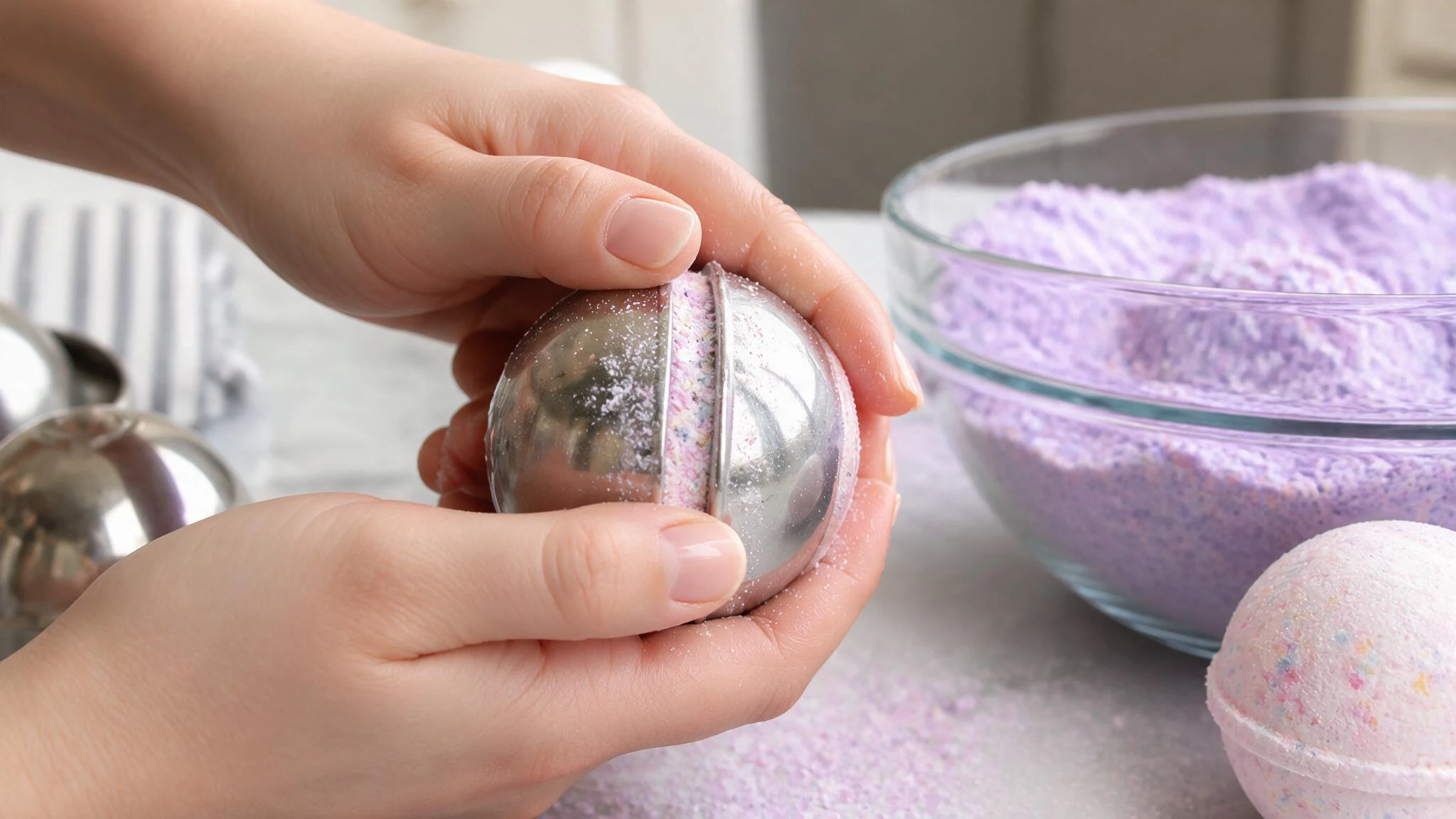 Hands pressing bath bomb mixture firmly into a round metal mold