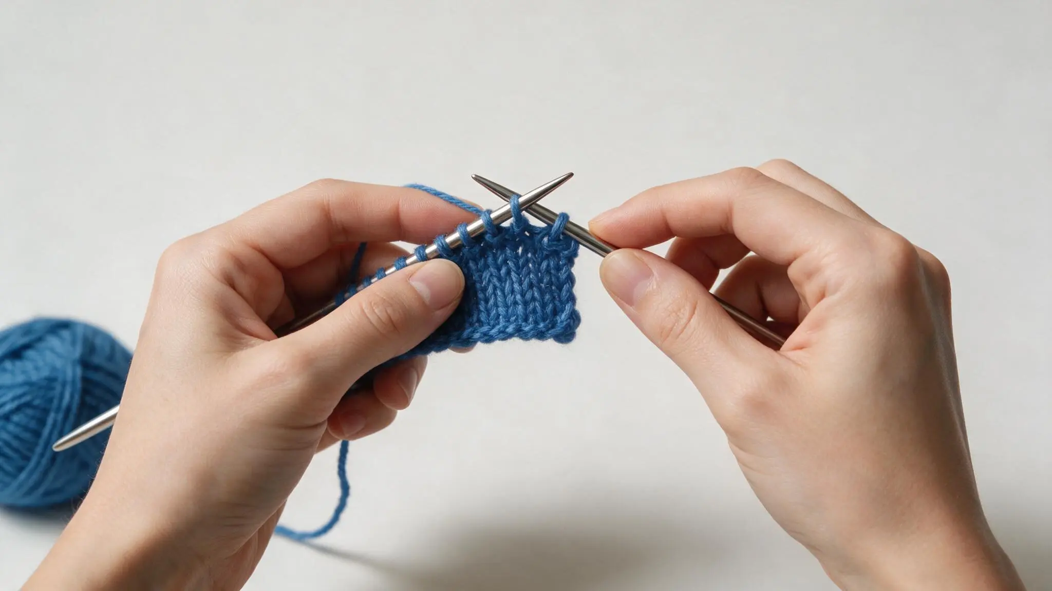 Hands use two knitting needles to work blue yarn into a small swatch, with a ball of yarn visible at left.