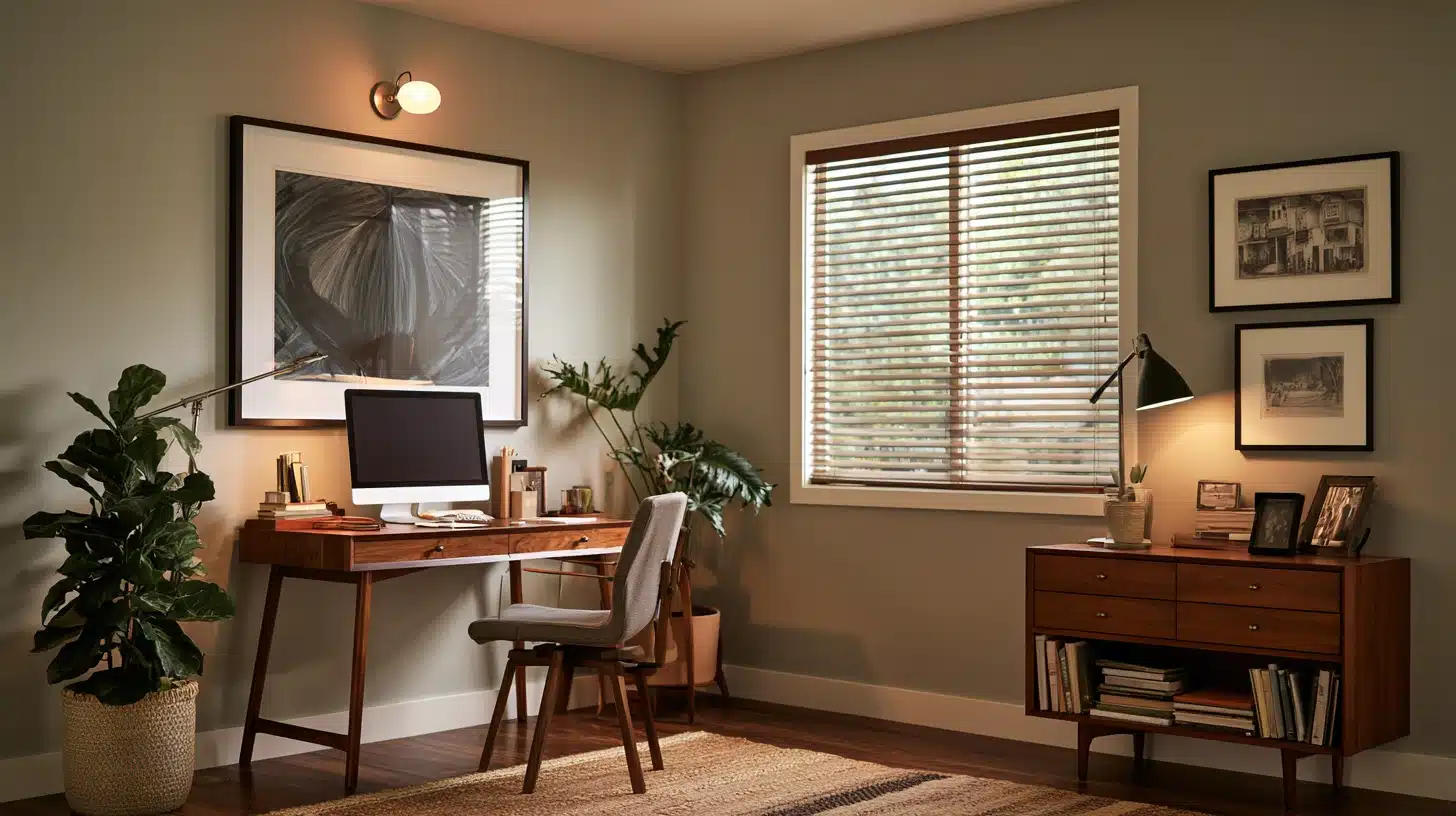 Home office with a wooden desk, computer, chair, plants, framed artwork, window blinds, and a sideboard filled with books.