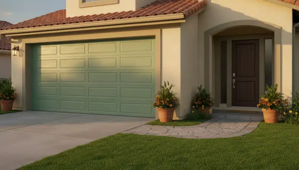 Green garage door and wooden front door with potted plants, under warm evening light