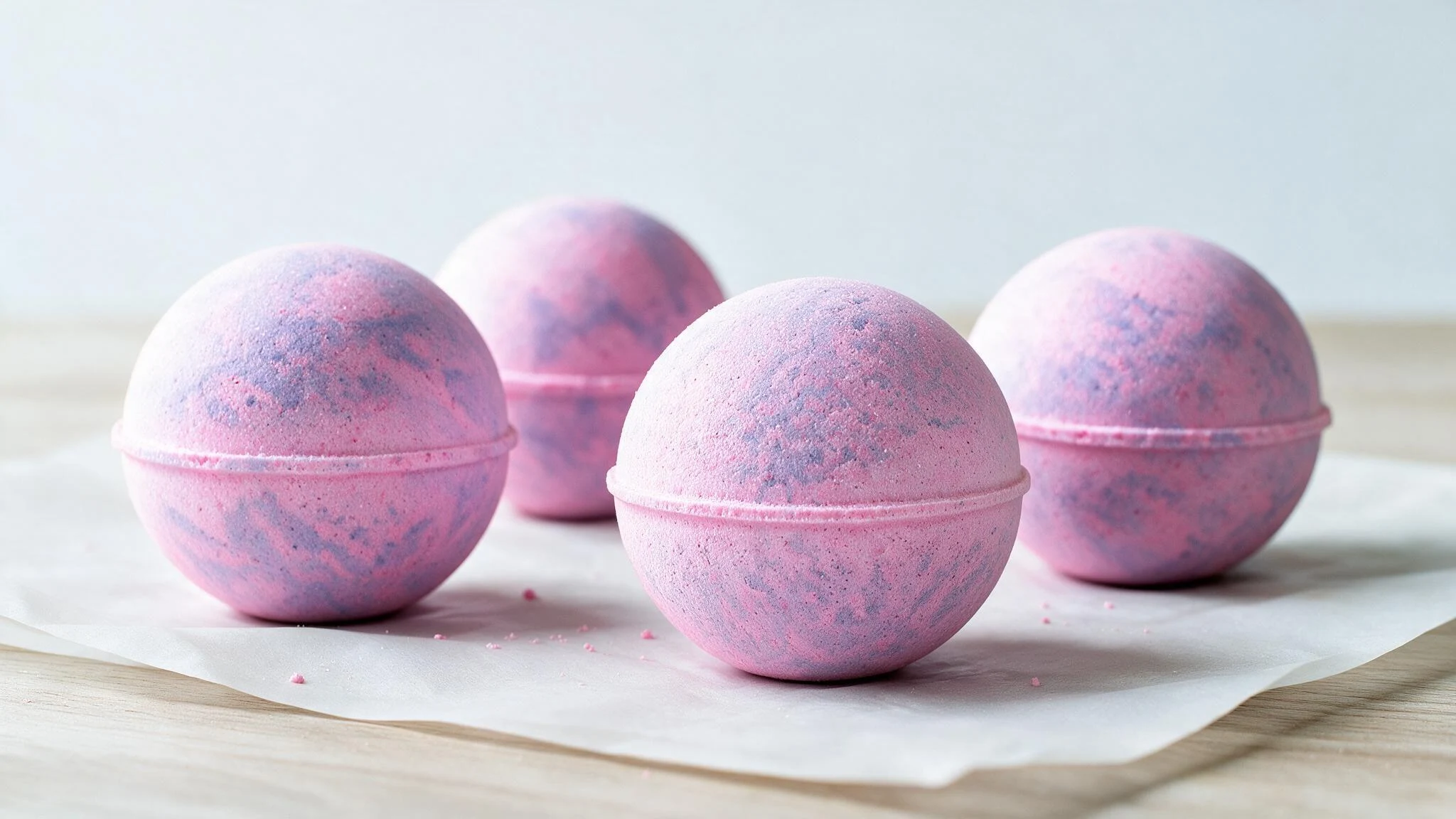 Homemade bath bombs resting on parchment paper to dry