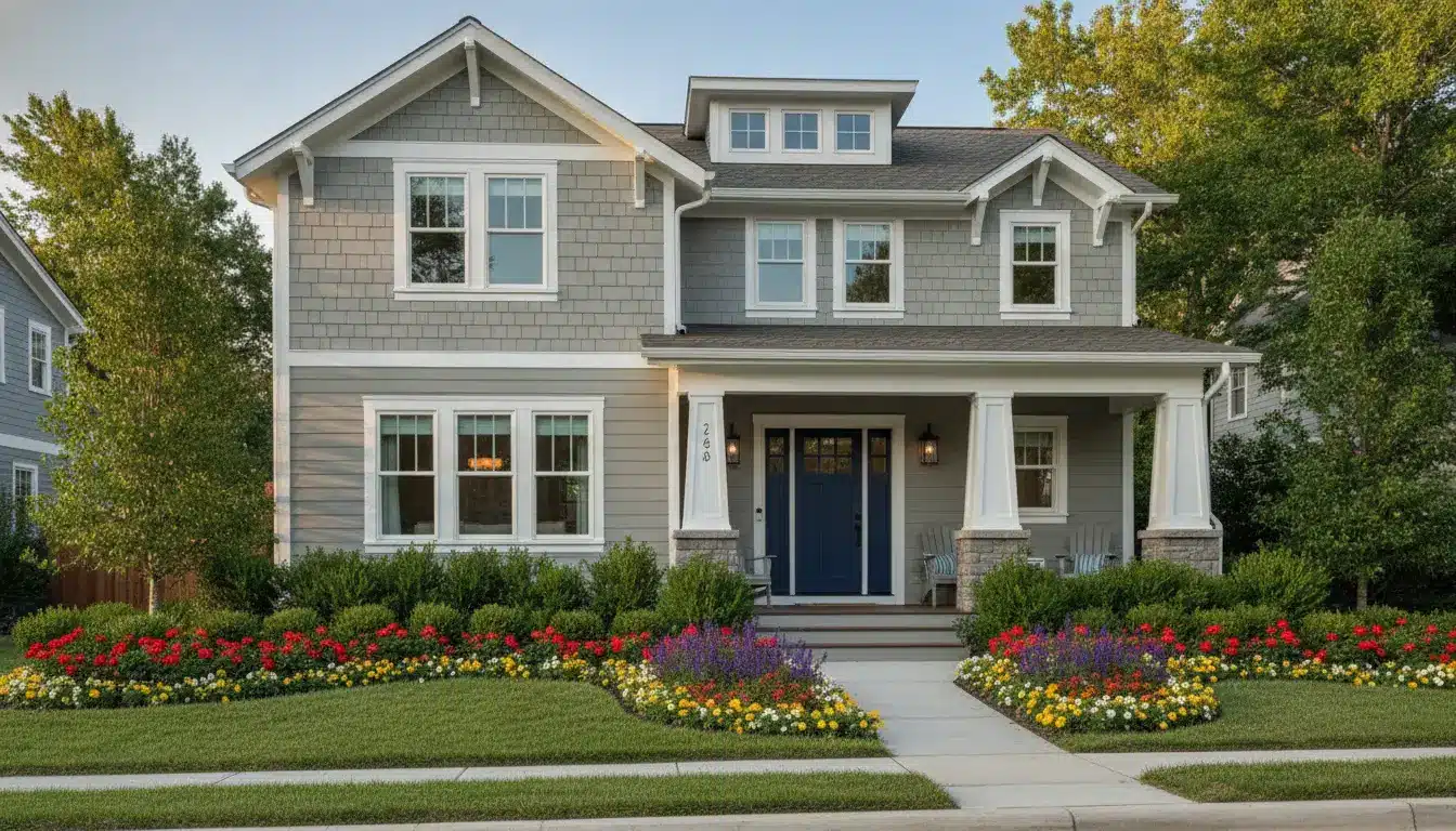 Two-story gray house with blue door, surrounded by vibrant garden and lush greenery