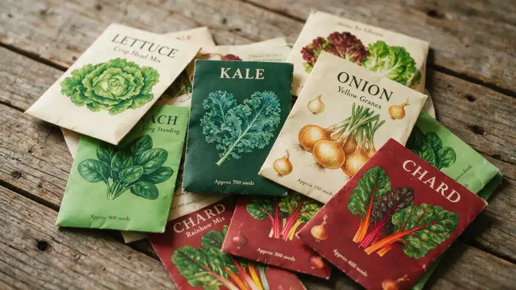 A vintage collection of vegetable seed packets, including Lettuce, Spinach, Kale, Onion, Chard.