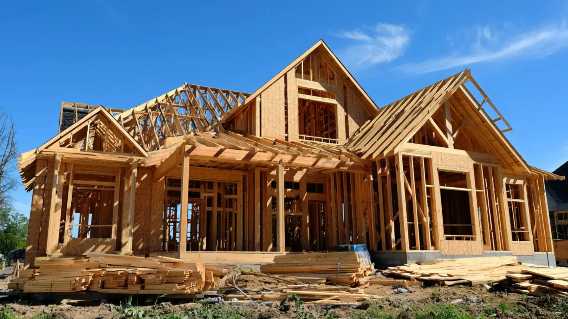 Wood-framed house under construction with exposed roof trusses, wall studs, and lumber stacked around the site.
