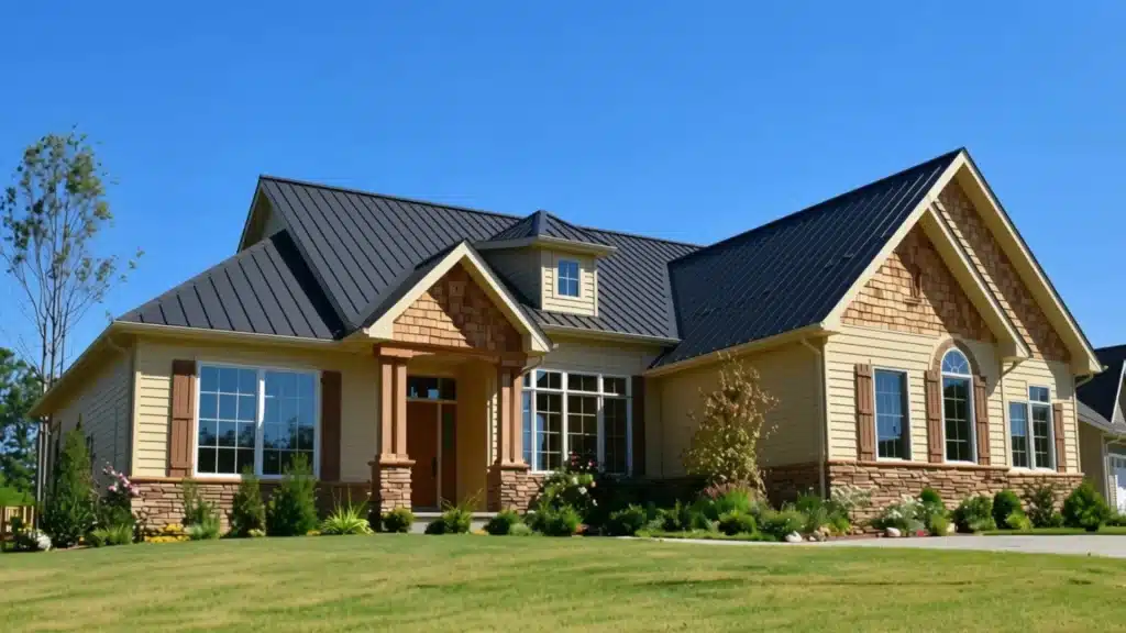 Single-story suburban house with a stone and tan siding exterior, dark roof, and covered front porch under a clear blue sky.