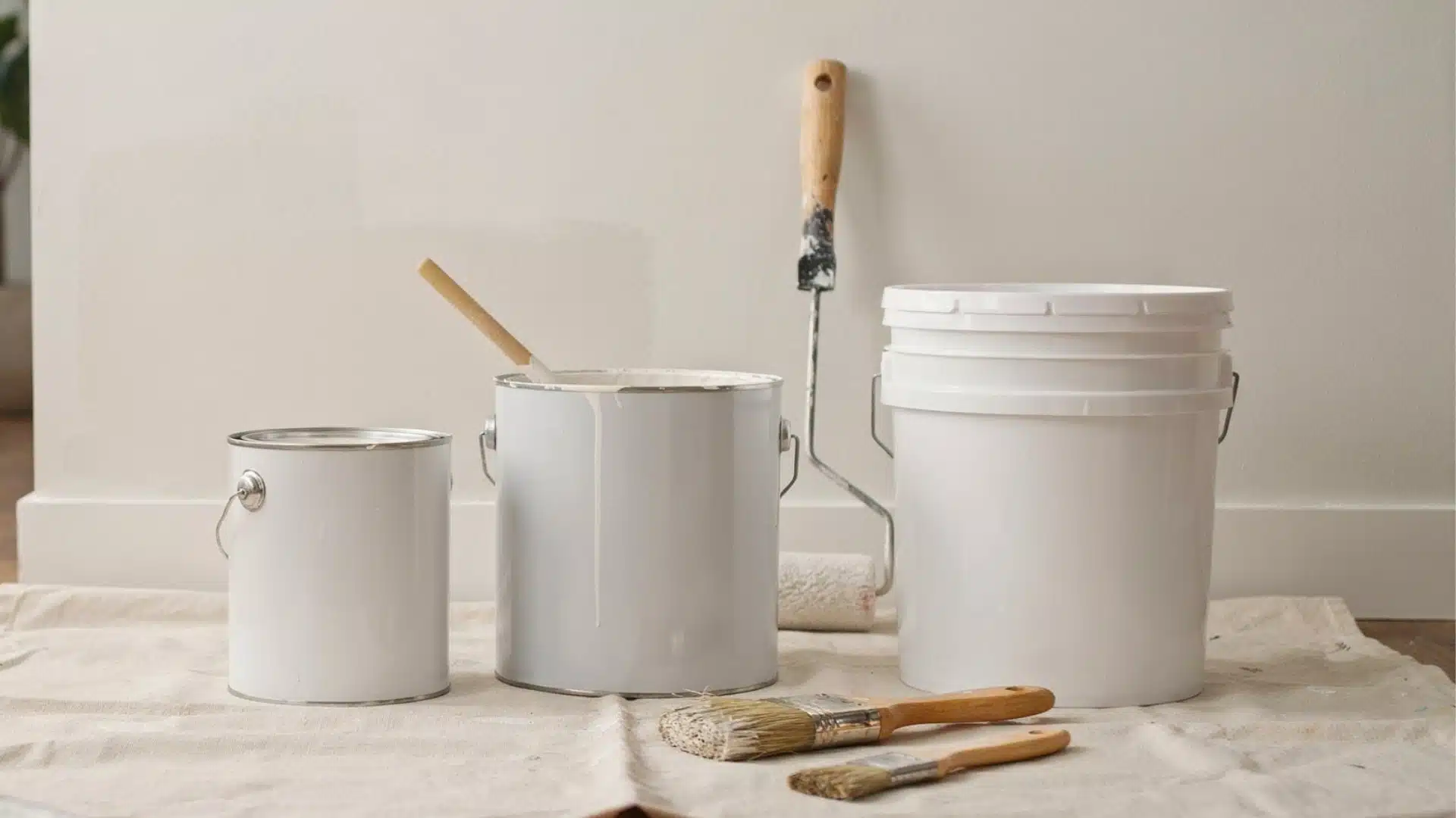 Different sizes of white paint cans with brushes and a roller arranged beside a freshly painted wall.