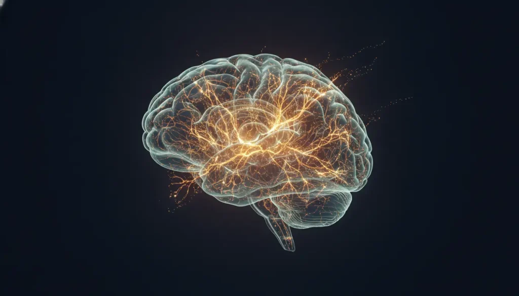 Glowing neural network inside translucent human brain on dark background