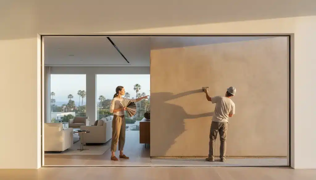Person holding paint samples while another applies plaster, in a modern living room with ocean view