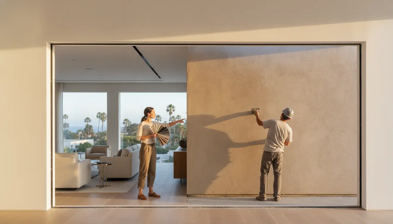 Person holding paint samples while another applies plaster, in a modern living room with ocean view
