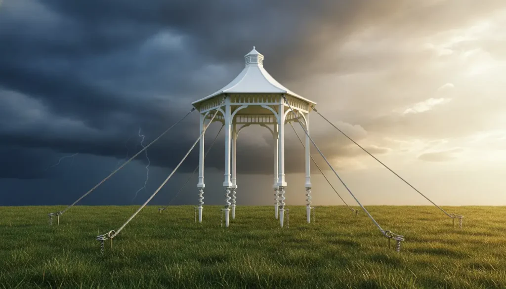 White gazebo anchored in a grassy field under stormy skies with lightning in the distance