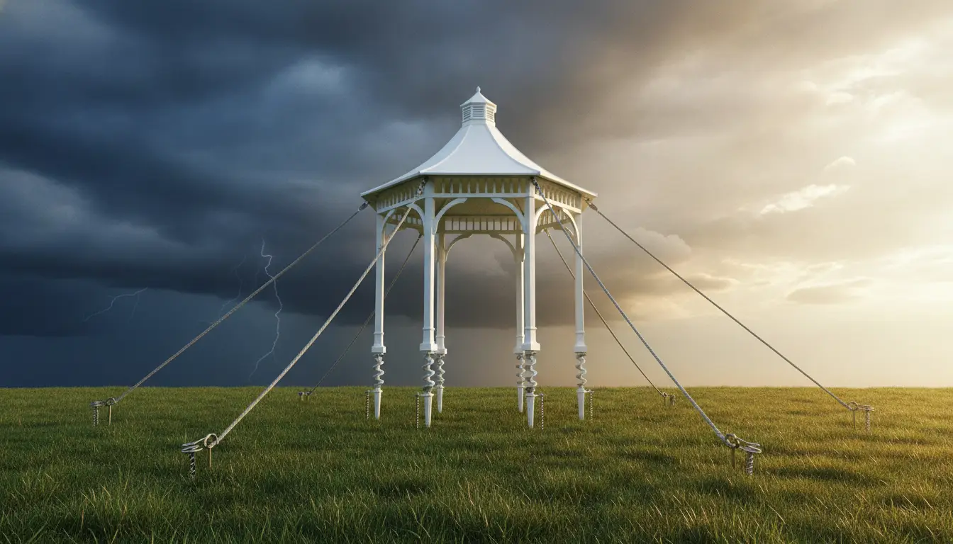 White gazebo anchored in a grassy field under stormy skies with lightning in the distance