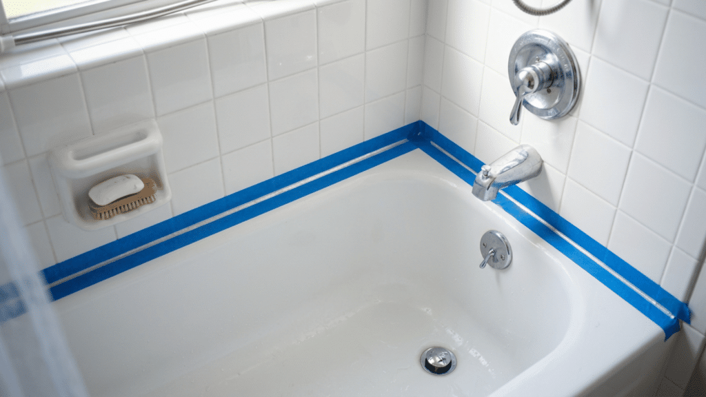 bathtub with blue painter's tape lining the edges where the tub meets white tiled bathroom walls