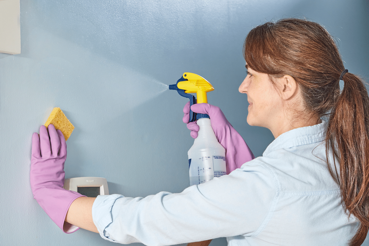 A woman in purple gloves sprays cleaner on a blue wall while wiping it with a yellow sponge.