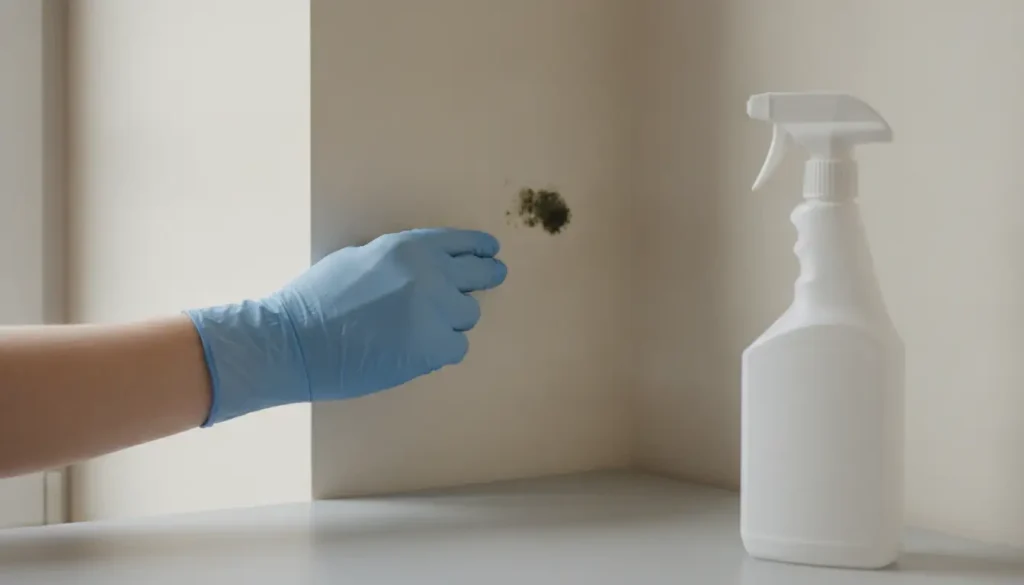 Gloved hand cleaning mold from wall next to spray bottle in bright indoor setting