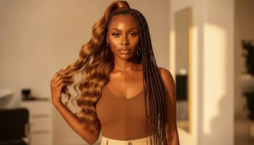 Person with half braided and half wavy hair in a warmly lit room