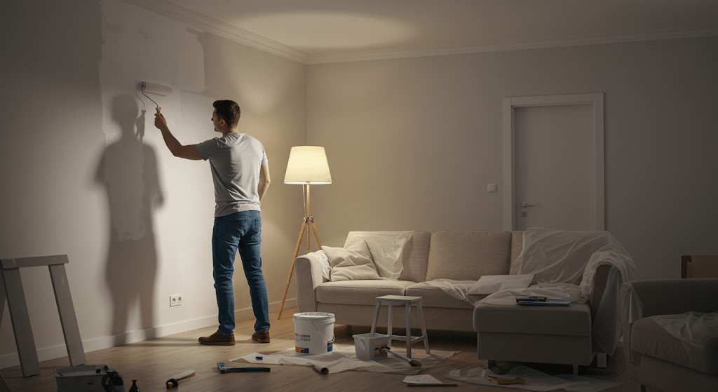 Man painting a living room wall white with a roller beside covered furniture.