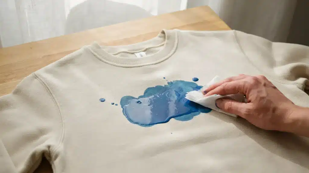 Hand blotting fresh blue paint stain from a beige sweatshirt on a wooden table in natural sunlight