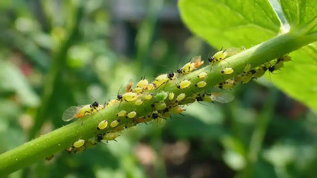 A cluster of aphids feeding on a green plant stem, showcasing their small size and distinctive shape.