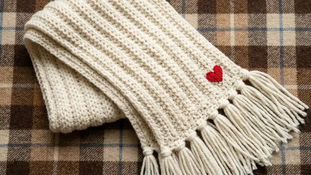 A crocheted scarf featuring a prominent red heart design, showcasing intricate stitching and vibrant colors.