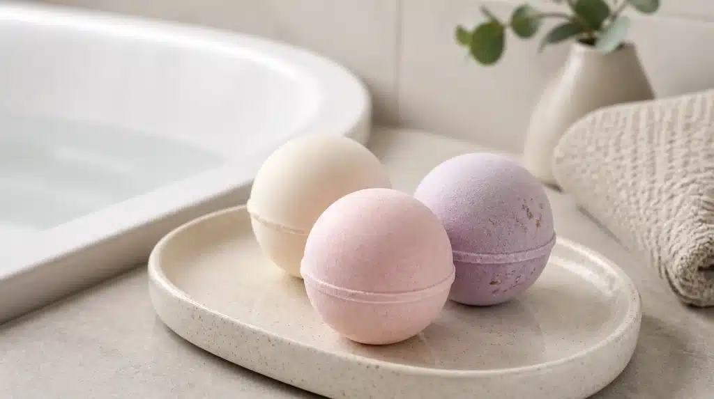 Plain homemade bath bombs arranged on a tray beside a bathtub.
