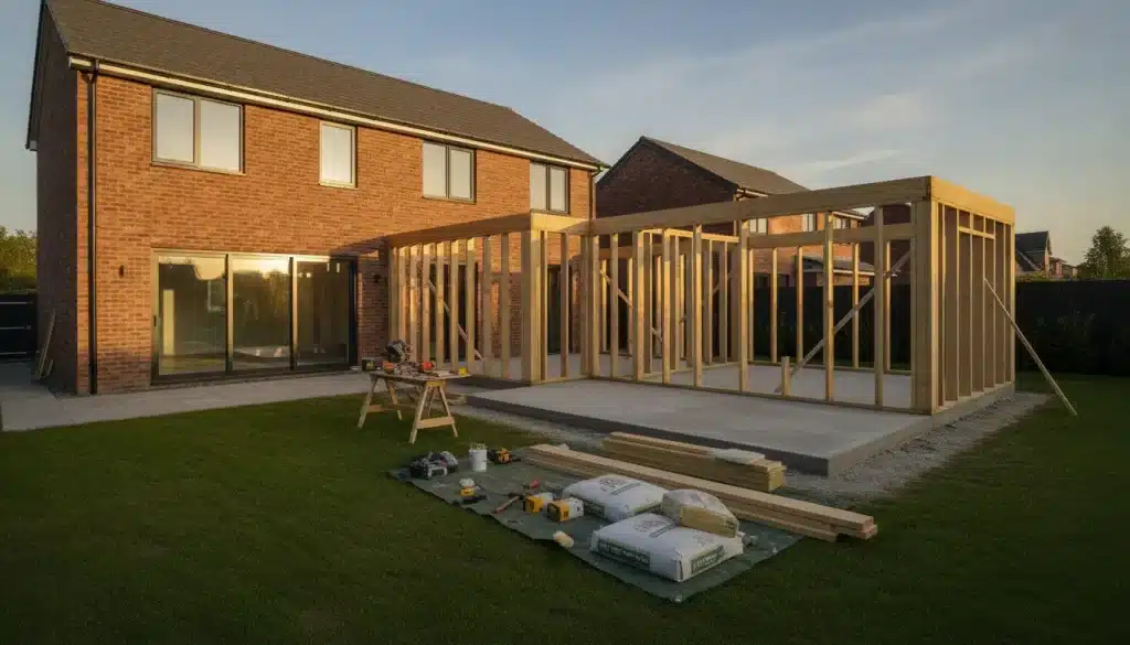 Wood frame construction of extension on brick house with tools and materials on grass lawn