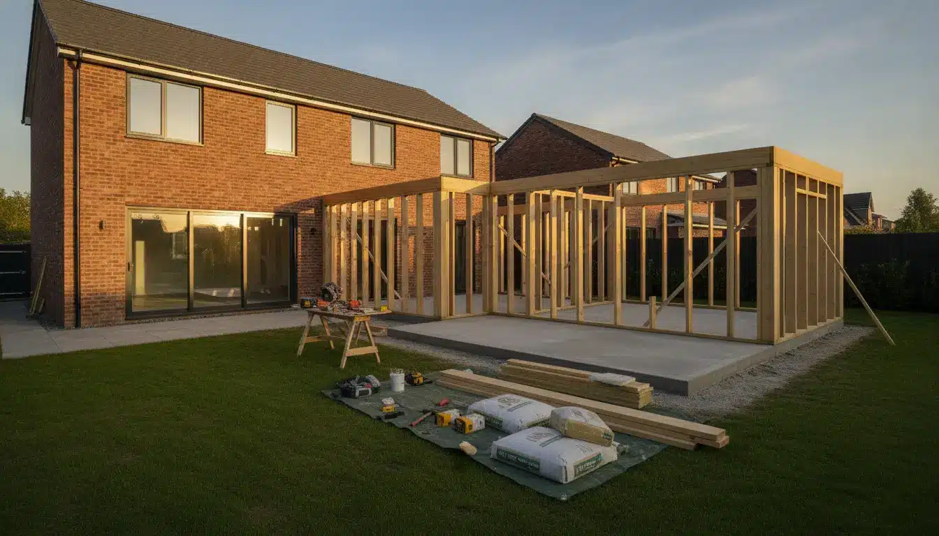 Wood frame construction of extension on brick house with tools and materials on grass lawn