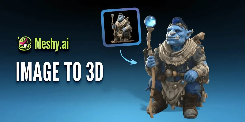 3D-rendered blue fantasy character holding staff with glowing orb, spotlight on dark background