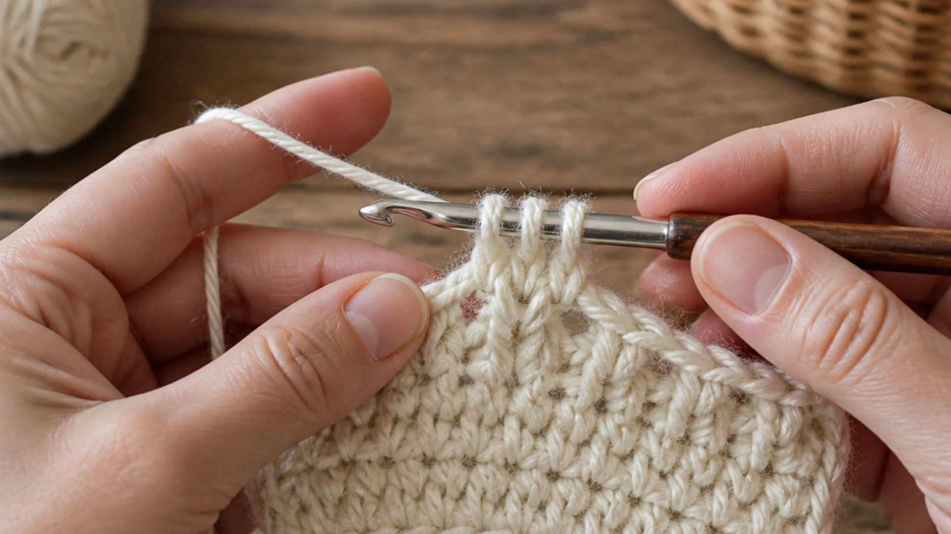 Individual engaged in knitting a white yarn project, with a ball of yarn and knitting needles visible in the scene.