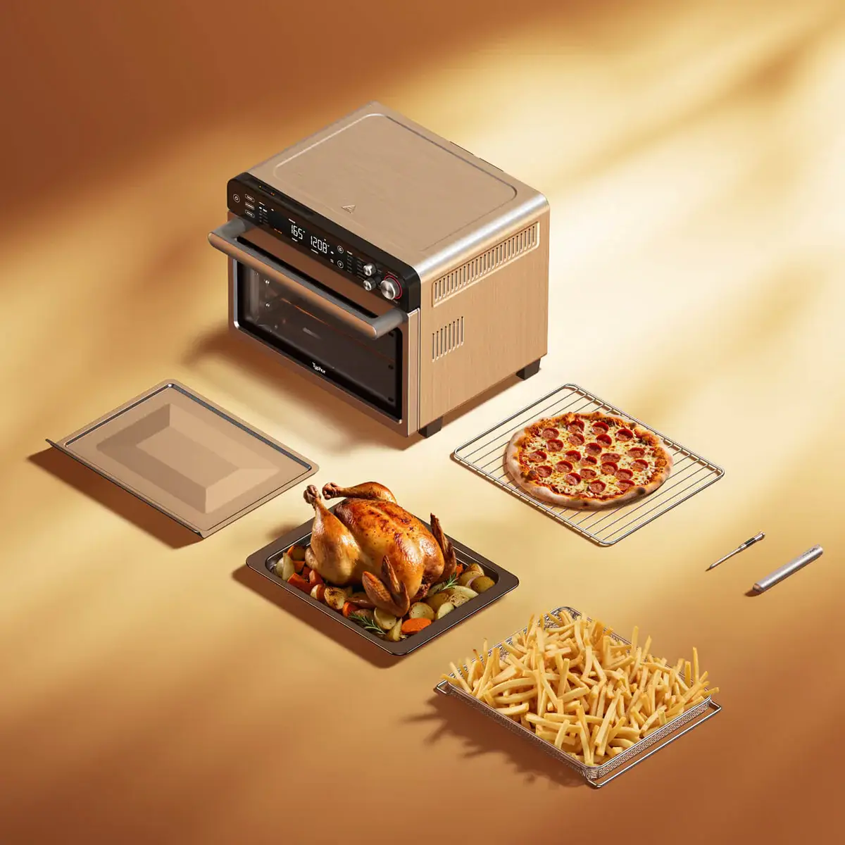 Countertop air fryer oven with roasted chicken, fries, and pizza on golden surface