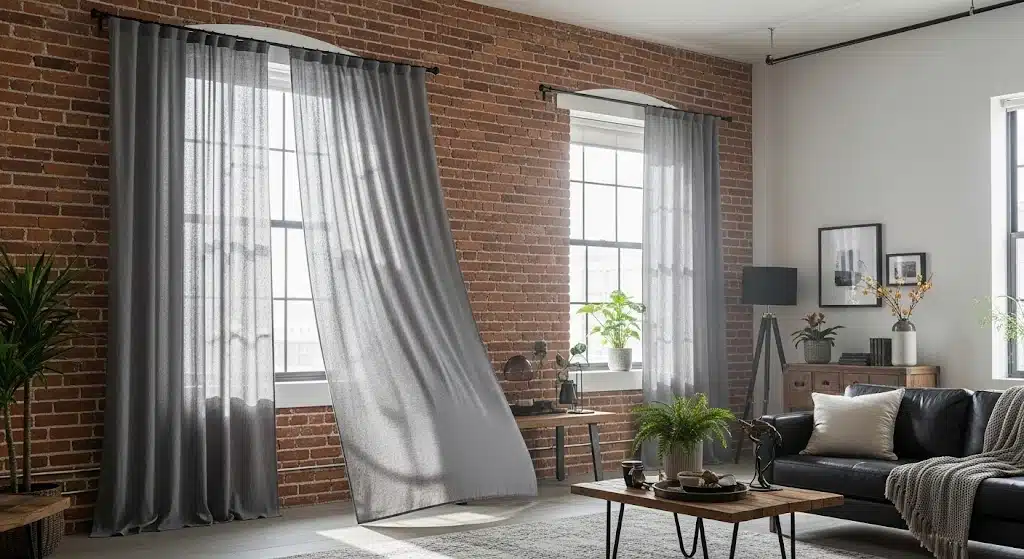 Industrial iron pipe curtain rods with gray sheer curtains against an exposed brick living room wall.