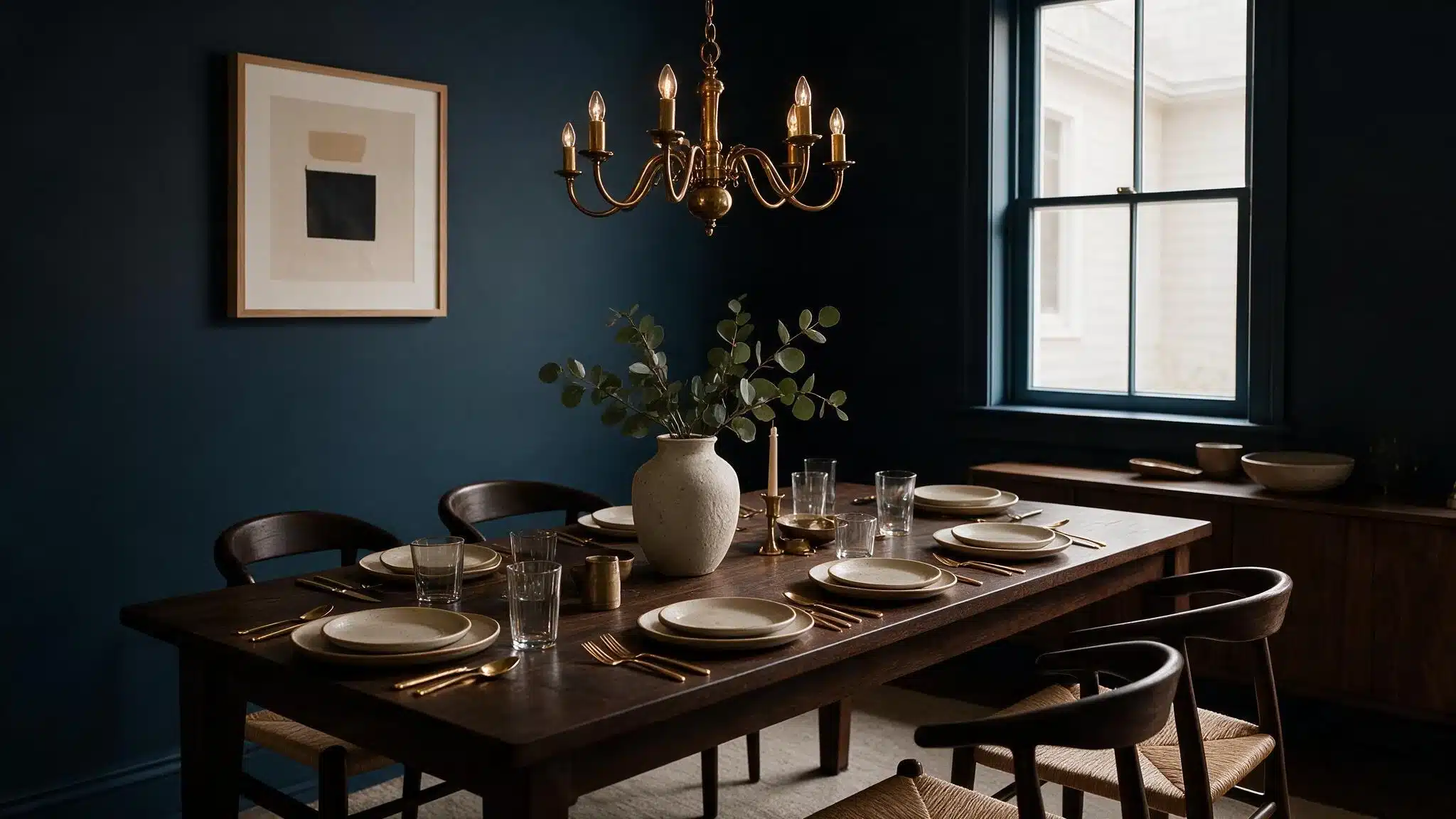 Elegant dining room with a dark wood table set for six, surrounded by wooden chairs, a floral centerpiece, brass chandelier, framed artwork, and a large window.