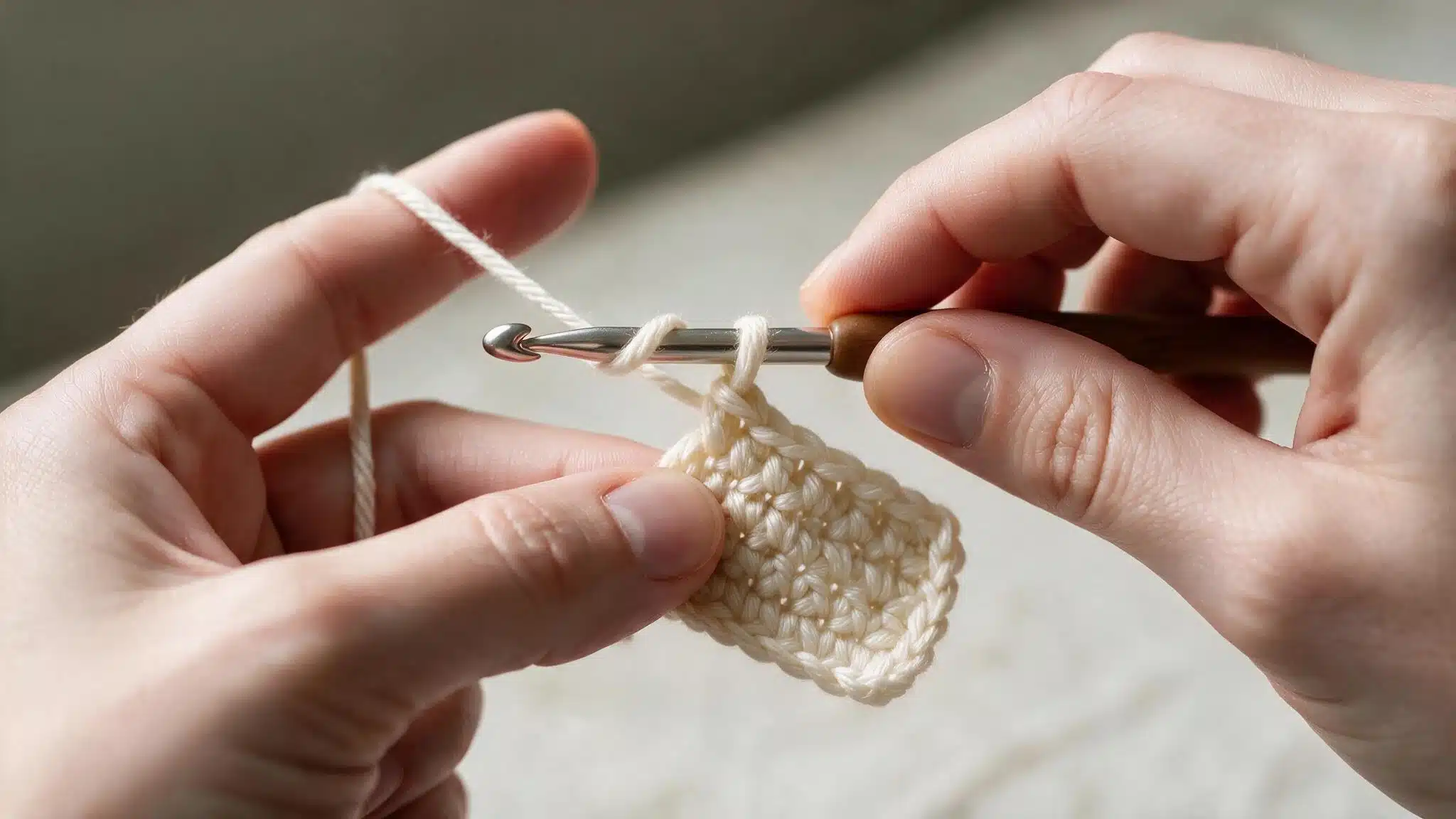 A person skillfully crochets with a hook, creating a small piece from white yarn.