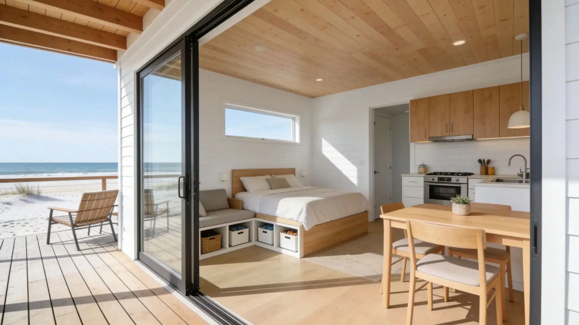 Interior view of a minimalist beach house with a bed, kitchenette, and dining area opening onto a deck with ocean views.