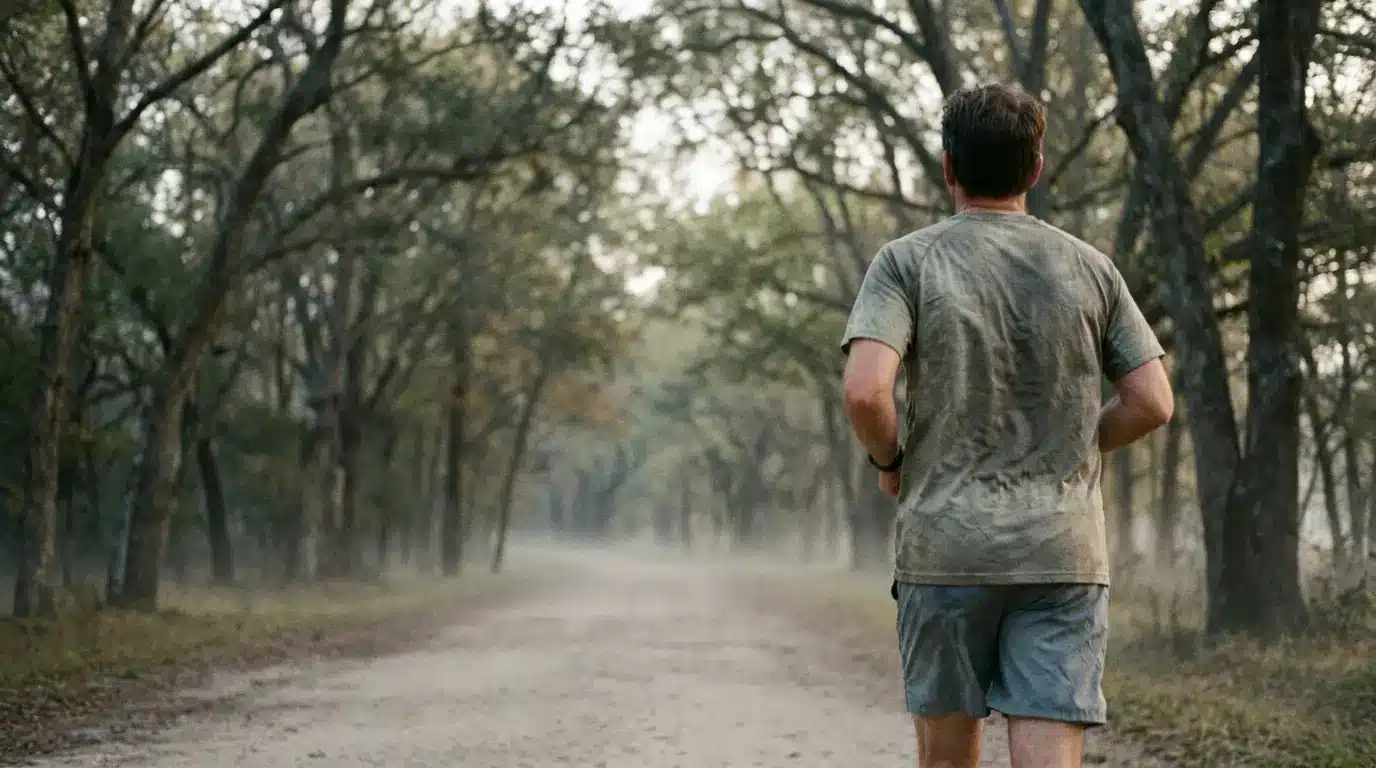 Man jogging on a dirt path in a forest with tall trees and dappled sunlight