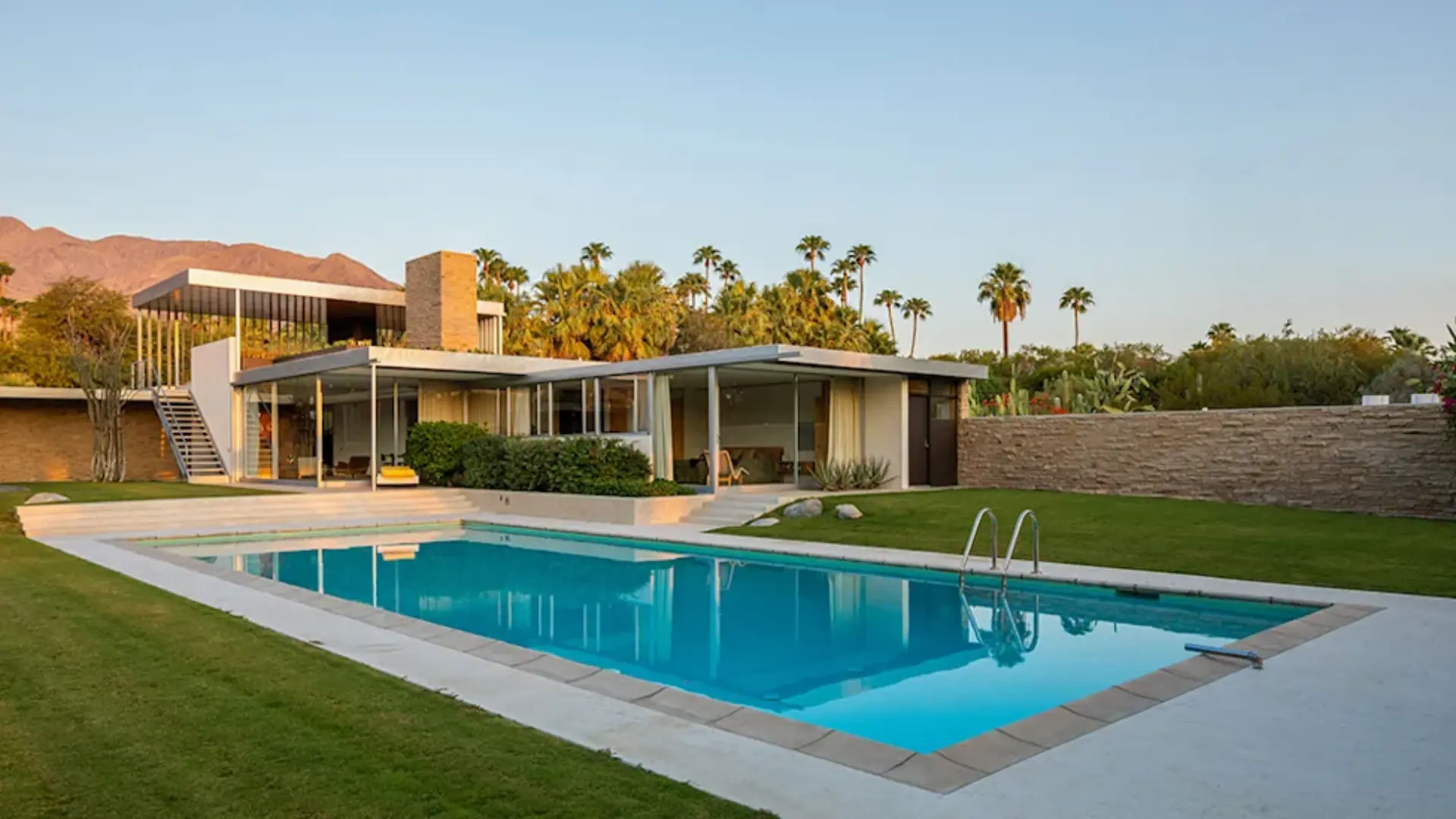 Kaufmann Desert House California with flat roof modern architecture spacious outdoor swimming pool landscaped garden and mountain views