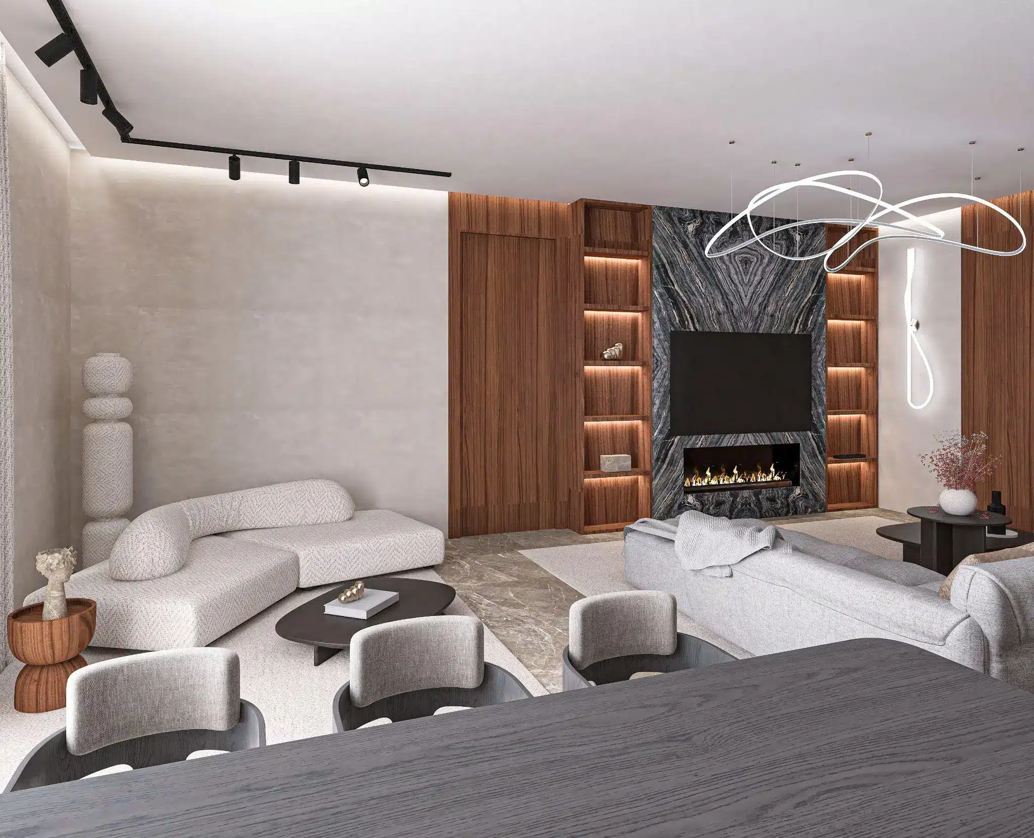 Modern living room with cozy sectional sofa, marble fireplace, and abstract light fixture in warm tones