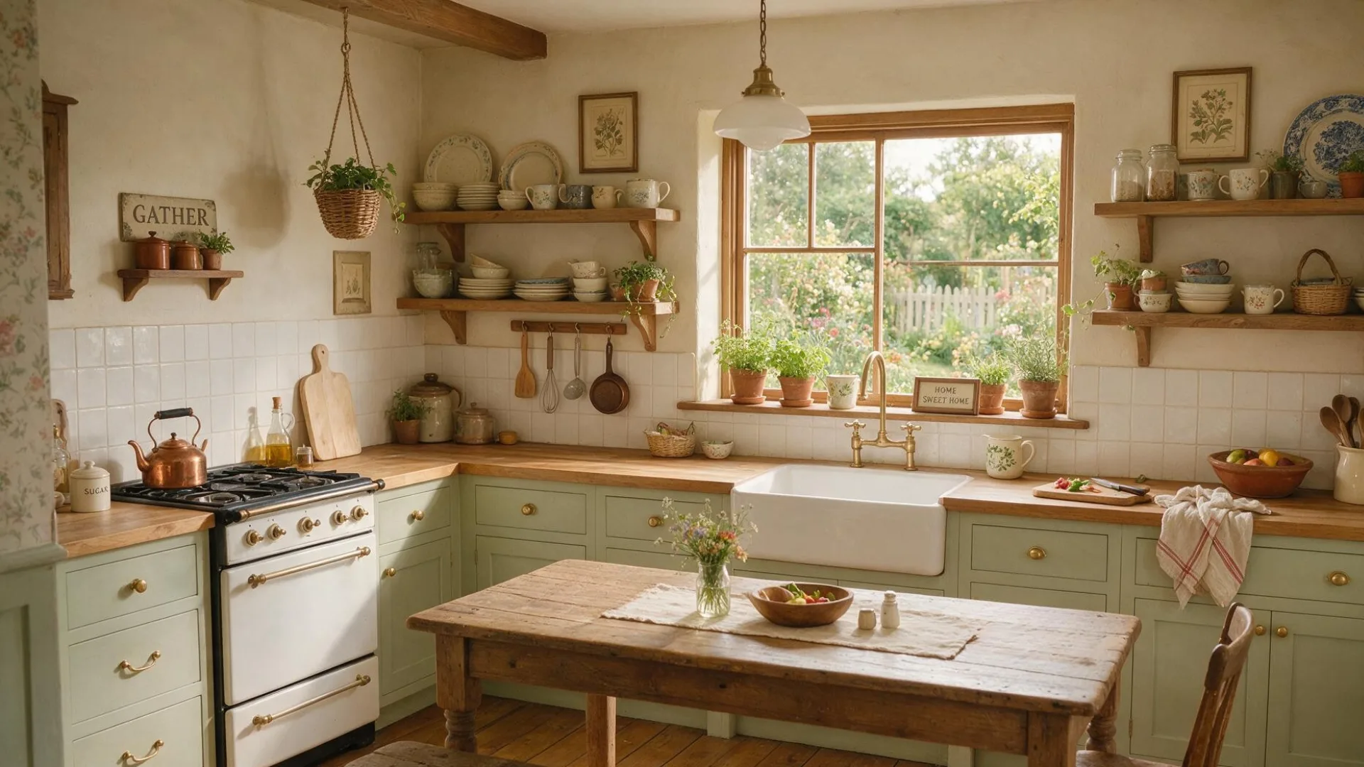 Cottagecore kitchen with sage cabinets farmhouse sink open wooden shelves vintage stove and warm wood worktops