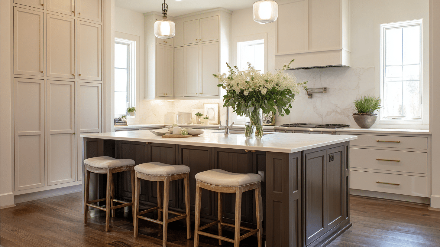 Urbane Bronze kitchen island with light cabinets, brass pulls, and wood stools