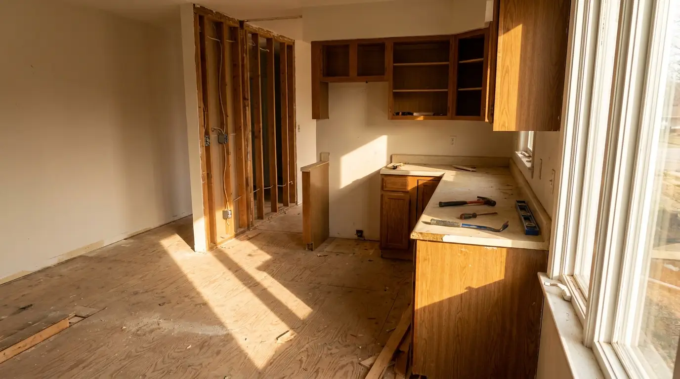 Partially renovated kitchen with exposed wooden framing and countertops under warm sunlight