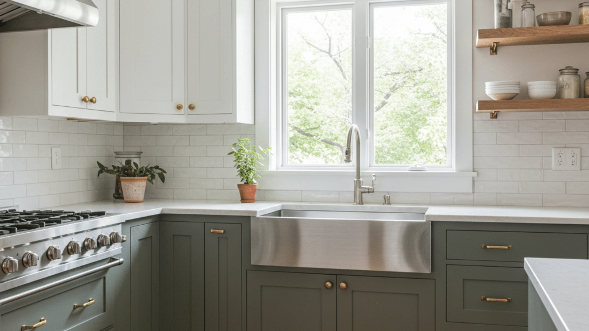 Kitchen with deep gray-green cabinets, white uppers, and brass hardware