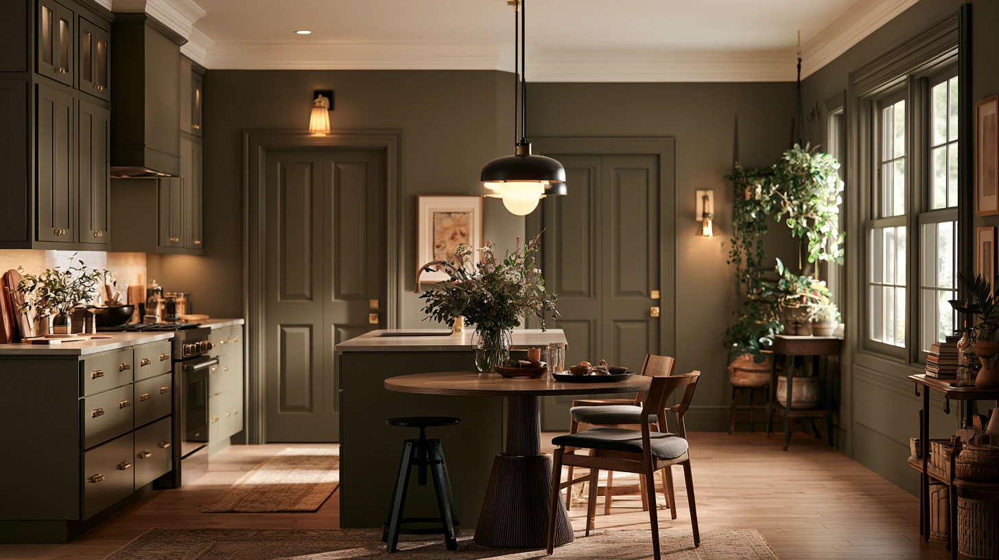 Kitchen painted in Sherwin-Williams Anonymous SW 7046 with warm taupe-green walls, matching cabinets, wood furniture, and brass accents.