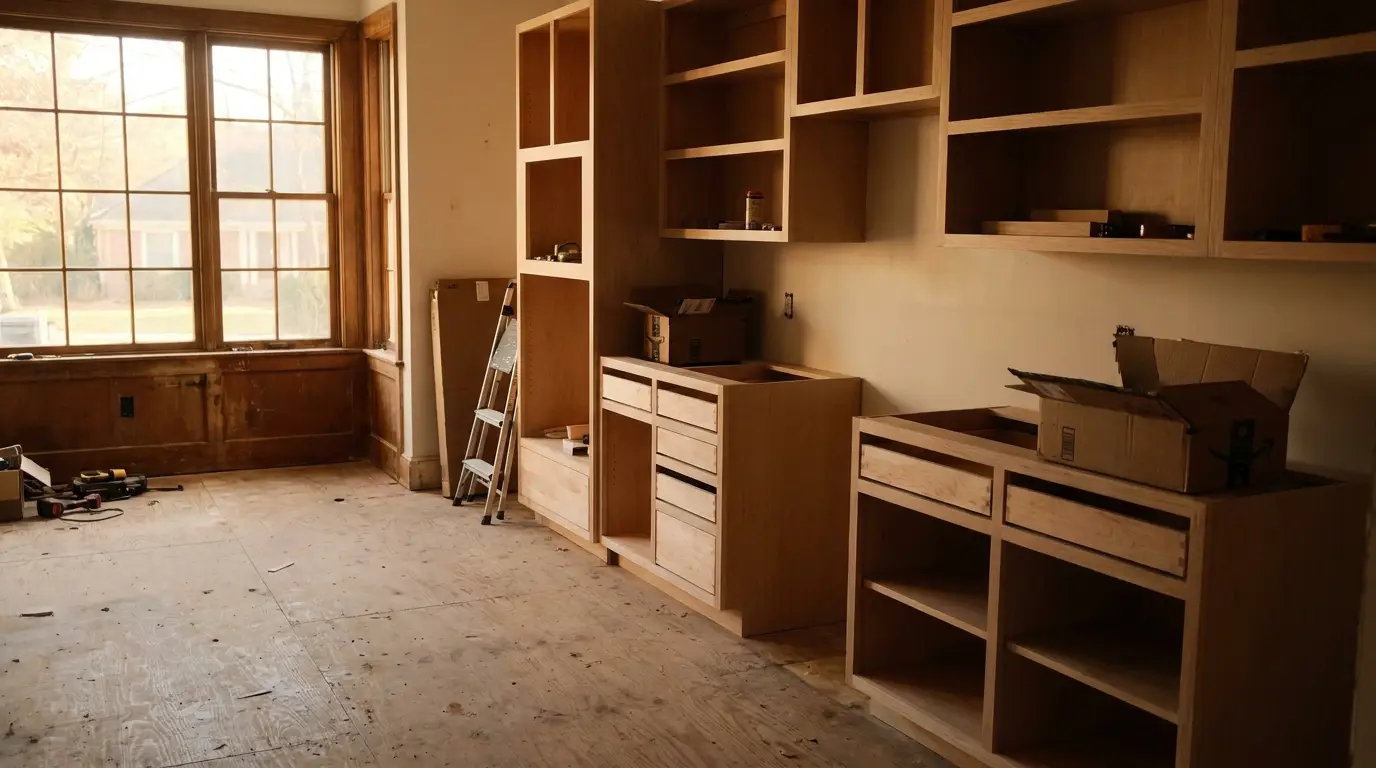 Unfinished wooden cabinets in a partially renovated room with tools and cardboard box nearby