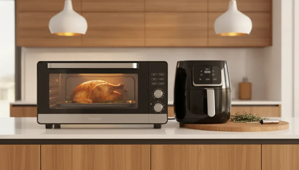 Roasted chicken inside countertop oven beside black air fryer in modern kitchen setting