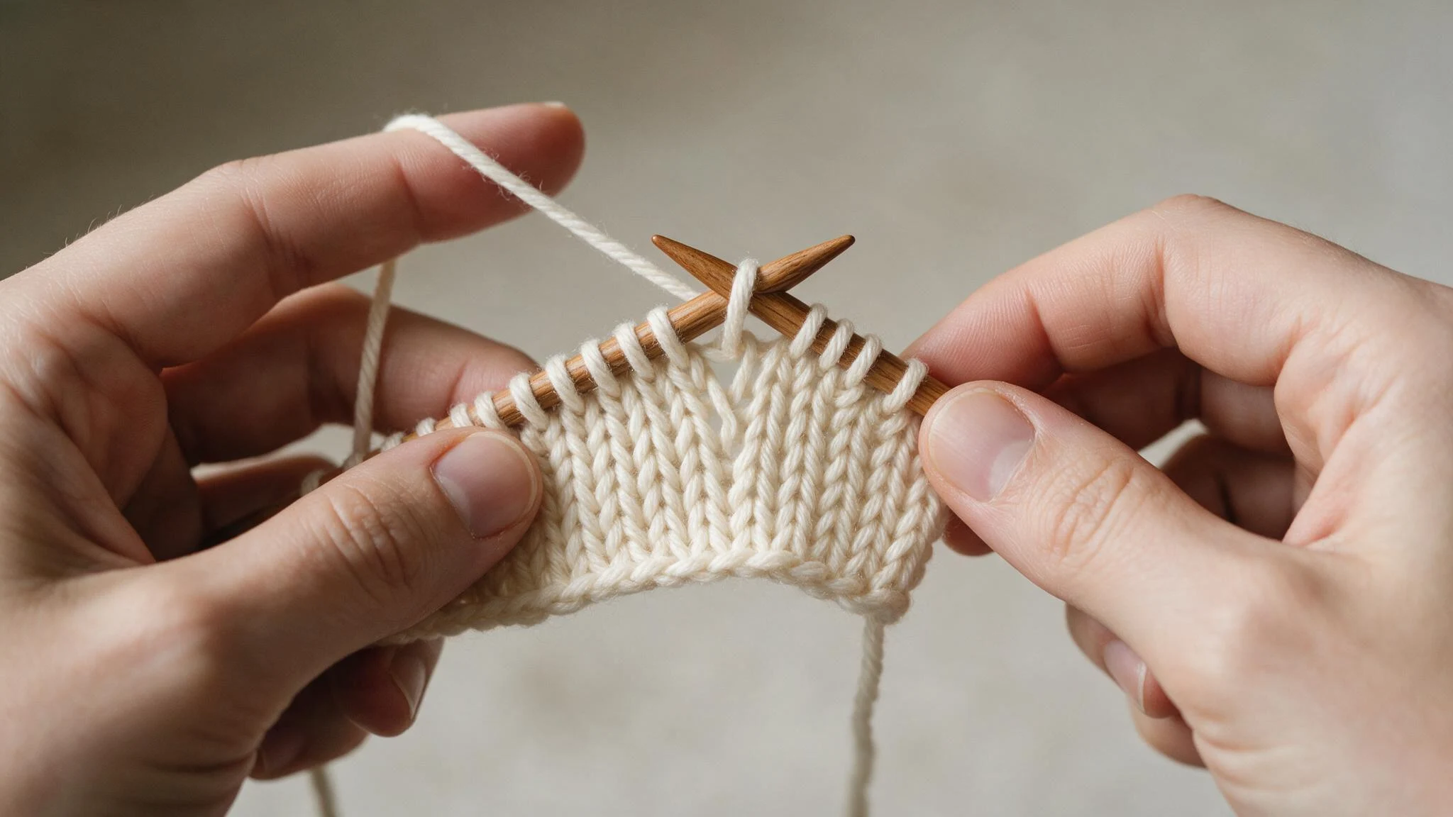 A person using knitting needles to create a piece of yarn, focused on their craft.