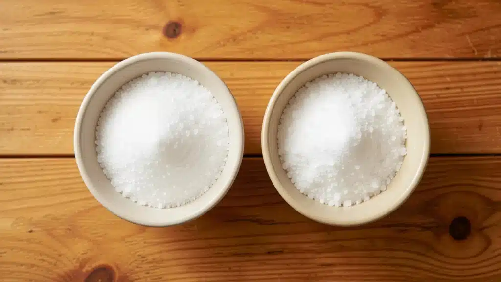 Two cream-colored bowls filled with kosher salt and table salt sit side by side on a wooden table.