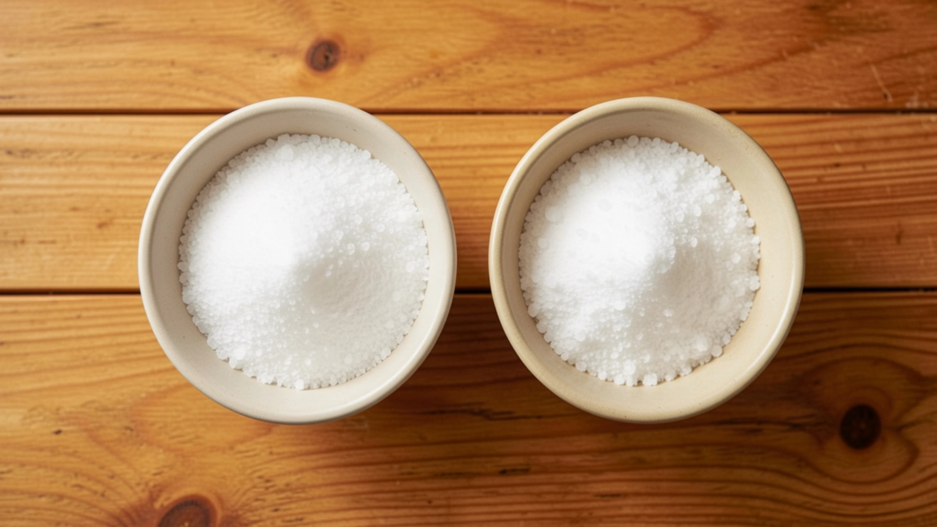 Two cream-colored bowls filled with kosher salt and table salt sit side by side on a wooden table.