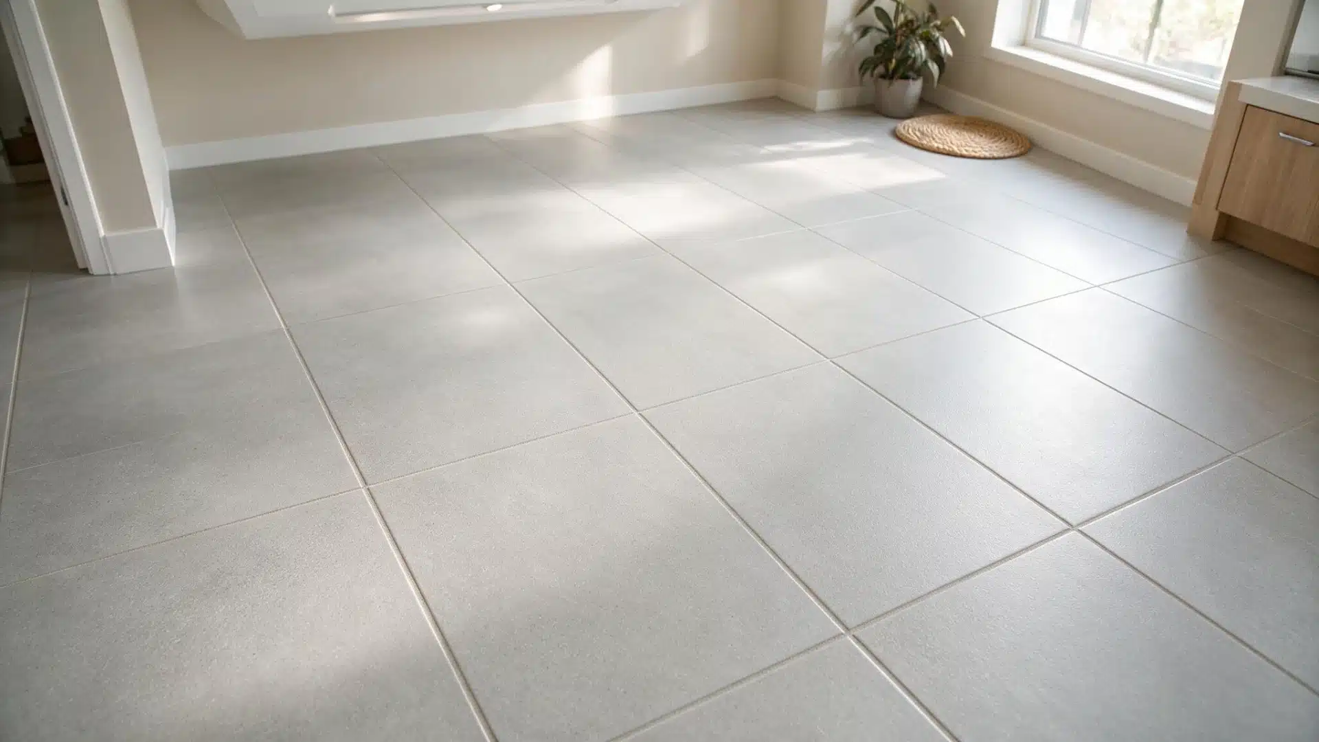 Large-format light gray porcelain floor tiles installed with wide sanded grout lines