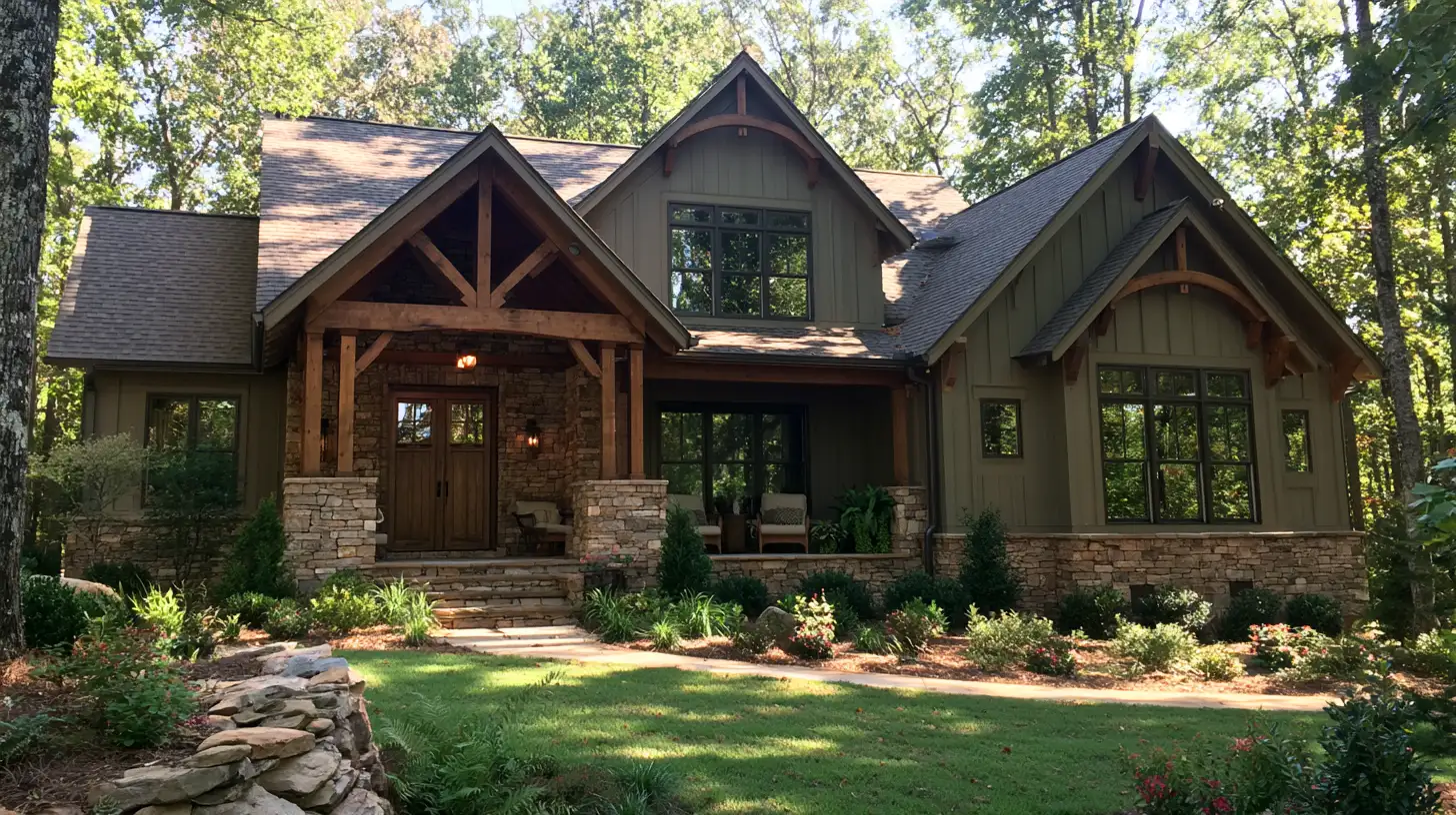 Large rustic stone-and-wood house with multiple gabled roofs, a covered entry, landscaped garden, and wooded surroundings.