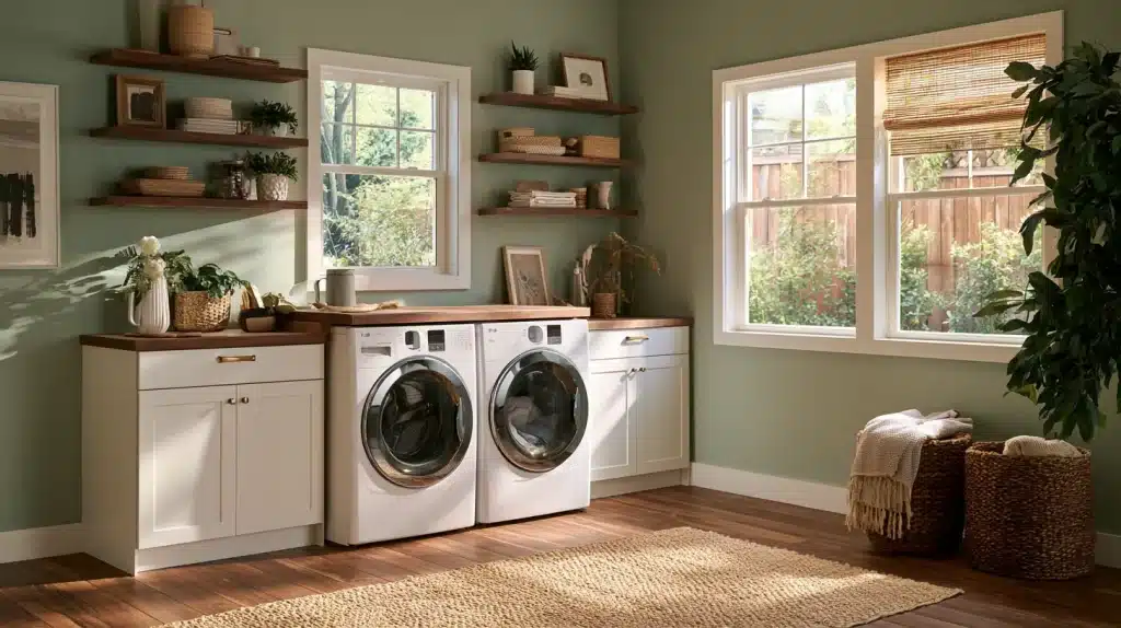 Laundry room with two front-loading machines, white cabinets, wooden shelves, potted plants, woven baskets, and three sunlit windows.