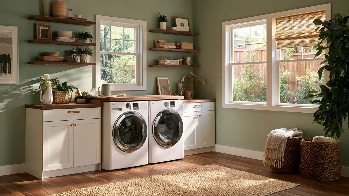 Laundry room with two front-loading machines, white cabinets, wooden shelves, potted plants, woven baskets, and three sunlit windows.